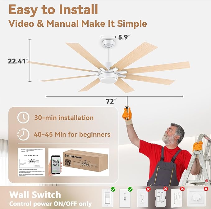 72Inch Large Smart Ceiling Fans with Lights Remote,Control via WIFI Alexa Google App,Modern Outdoor Indoor Ceiling Fan for Large Patio Living Room,6 Speed Quiet DC Motor,8 Blades in White& Light Wood