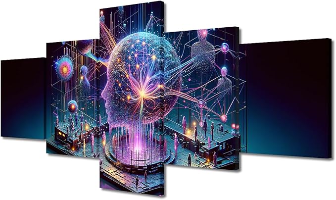 TUMOVO 5 Panel Human Head with Glowing Neurons in Brain Wall Art Ai Generative Canvas Painting Human Brain Pictures for Living Room Wall Decoration Posters and Prints for Bedroom Office 50" Wx24 H