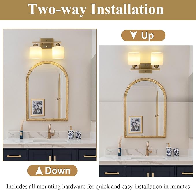 Milk Glass Vanity Lights for Bathroom, 2 Light Brass Bathroom Light Fixtures Over Mirror, Ceramic E26 Sockets Wall Mounted