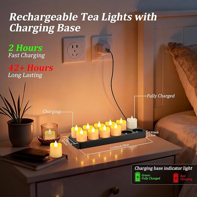 Ymenow Flameless Candles with Remote Timer & Charging Base, 12pcs Rechargeable Battery LED Votive Tea Lights Candles Flickering for Wedding Home Table Party Dinner New Years Valentines Day Decor