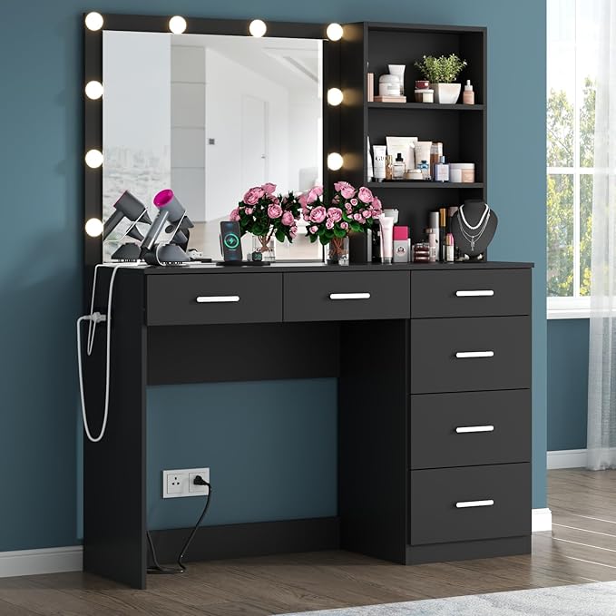 39 Inches Black Vanity Desk with Lights, 6-Drawers Makeup Vanity Table with Power Strip and Storage Shelves, Dressing Table with Lighted Mirror for Women Girls (Black)