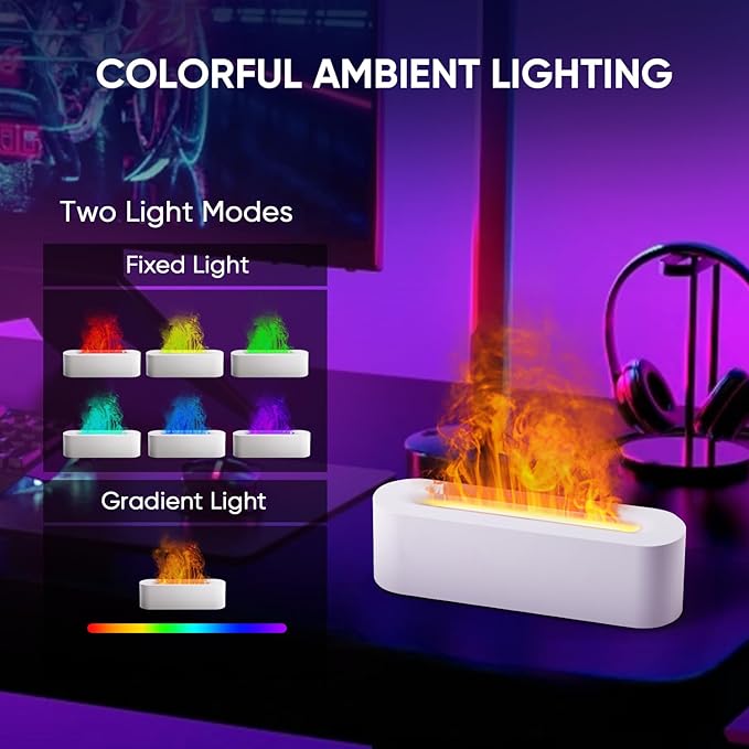 Essential Oil Diffuser, Fireplace Flame Fire Oil Diffuser, 150ml Ultrasonic Cool Mist Aromatherapy Humidifier, Scent Aroma Diffuser with 7 Colors Light, Timer & Auto-Off for Home, Room (White)