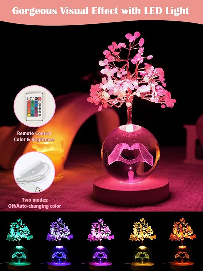 Rose Quartz Crystal Tree of Life for Positive Energy, Chakra Healing Tree with Remote Control Multicolor Night Light for Room, Office, Desk Decor, Pink Gift for Women, Girls (Heart Hands)