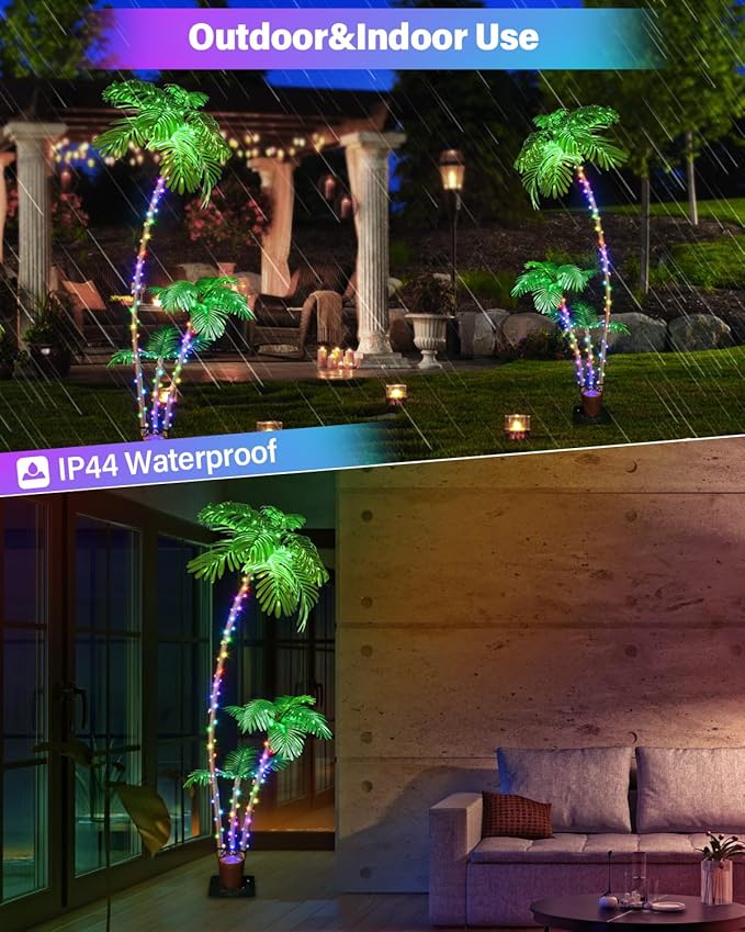 7FT Smart Lighted Palm Tree - App & Remote RGB LED with Music Sync, 3 Trunks DIY Color Changing Artificial Palm Tree, Dimmable Timer Pre-Lit Faux Tree for Outdoor Patio Poolside Tiki Bar Party Decor