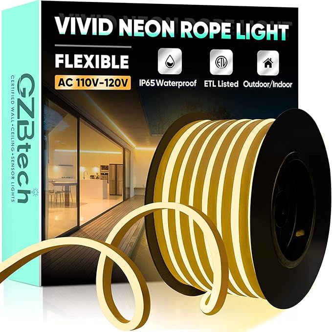 GZBtech Flexible LED Neon Rope Lights 50FT,AC 110-120V Waterproof Strip Light, 2800K Cuttable Connectable Neon Lighting for Indoor Outdoor Home Decor/Commercial Use-Warm White 15M, ETL Listed