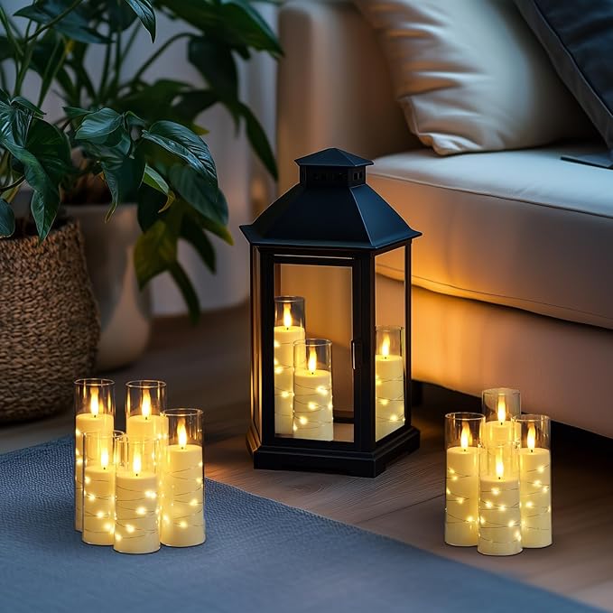 Homemory 12Pcs Flameless Candles with Star String Fairy Lights, Flickering Battery Operated Candles, LED Fake Candles with Remote and Timer, Christmas, Weddings, Home Decor, White
