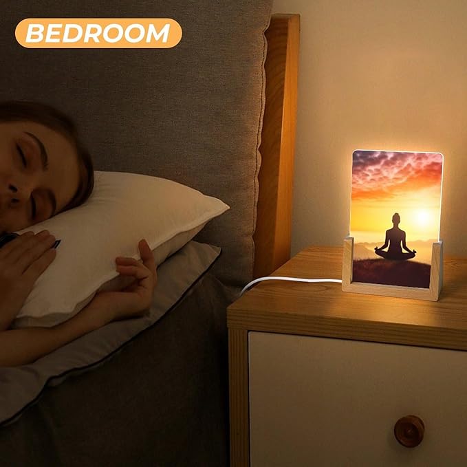 Night Light Acrylic Night Lights with USB Cables Yoga Meditation Acrylic Display Boards with Wooden Light Base Dimmable Night Lights for Home Bar Cafe Office 15.5x10.3cm