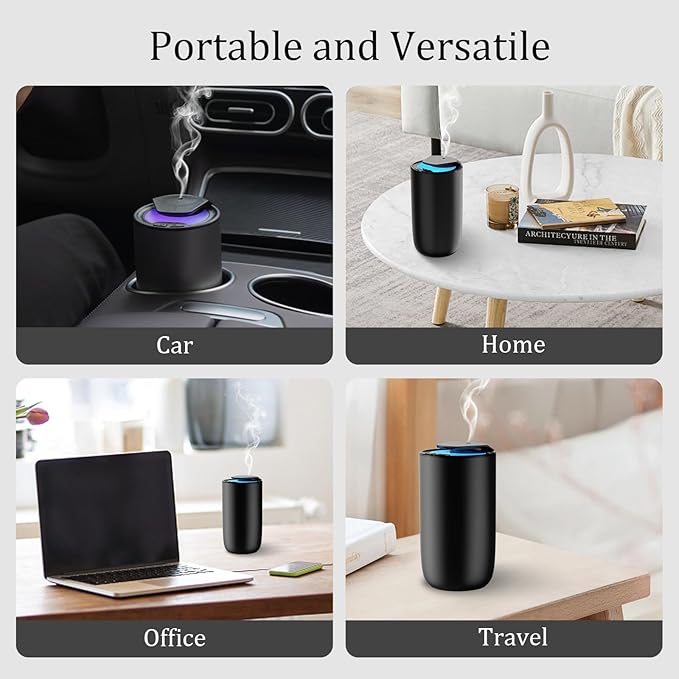 Waterless Car Essential Oil Diffuser, Premium Aluminum Alloy Cold-Air Atomizing Scent Machine Aromatherapy for Home/Office, Rechargeable, Smart Vibration Sensor, 3 Ambient Lights, Mess-Free - Titanium