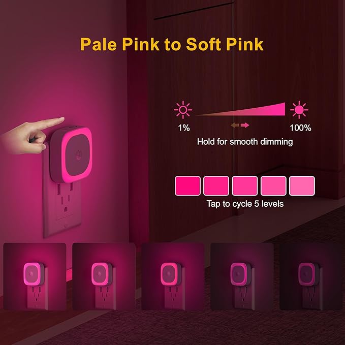 2 Pack Plug in Night Light with Motion Sensor & Dusk to Dawn Sensor, Soft Pink Glow for Bedroom, Hallway, Girls Room, 3 Sensor Modes, Auto ON/Off, Dimmable Nightlight for Bathroom