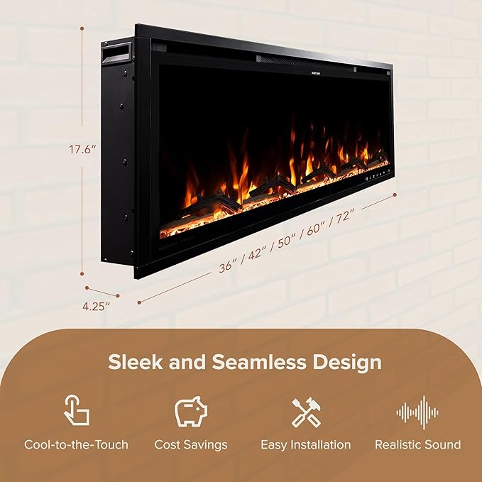 Modern Ember Aerus Slim 42 Inch Smart Linear Electric Fireplace | Recessed in-Wall or Wall-Mount | LED Multiple Flame Colors | Alexa/WiFi Enabled | 4.25” Profile | Remote Included