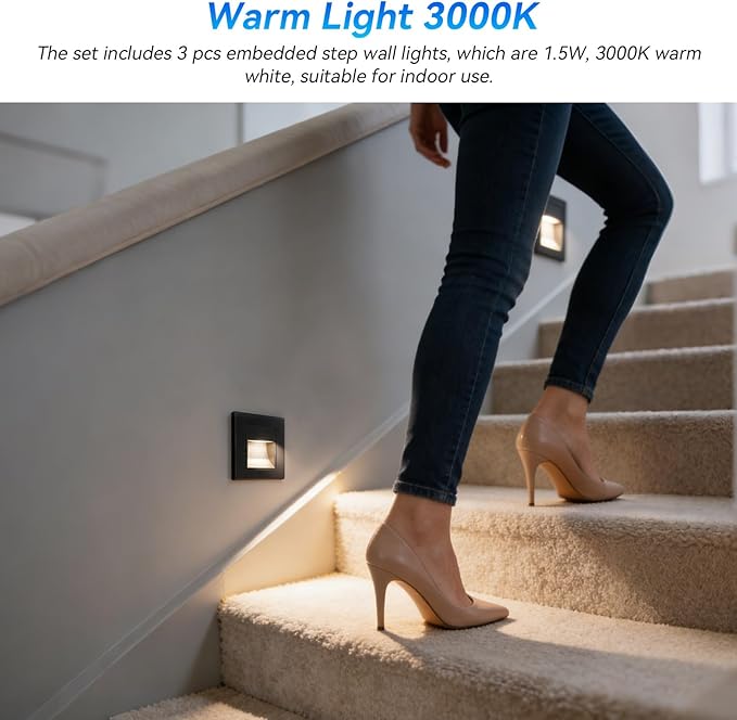 Agatige 3PCS LED Step Light, 1.5W 3000K Indoor Outdoor Stair Ligh Lighting Embedded Stair Deck Step Lamp Warm White for Bedside Corridor Staircase Wall