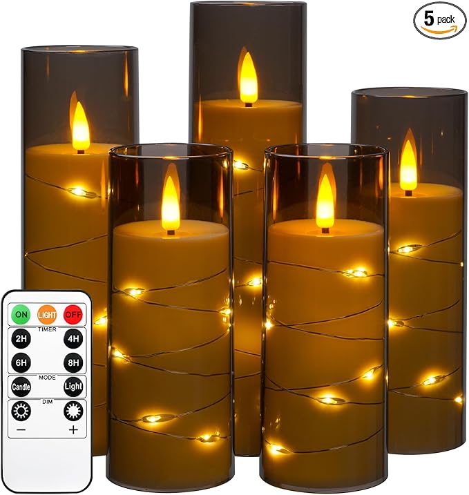 Da by Flameless Candle Light, Battery Candle with recessed String Light, 5 flameless Candles with 11-Key Remote Control, 24-Hour Timer Function, Dancing Flame, (no Battery)