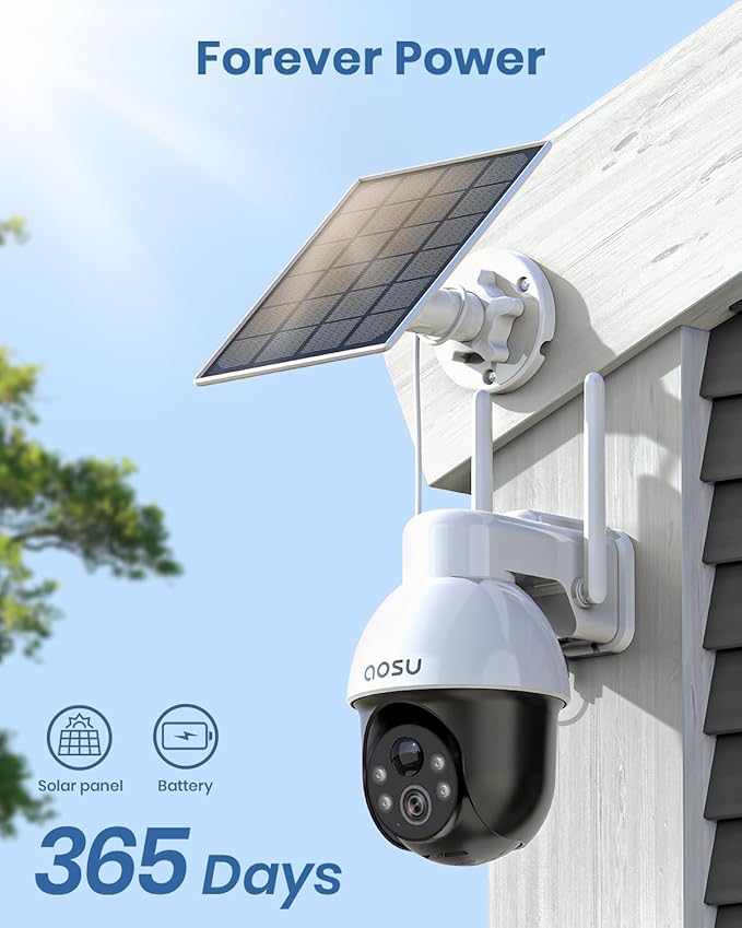 aosu Solar Security Camera Wireless Outdoor System, 3K/5MP Battery Powered WiFi Camera for Home Security, Panoramic PTZ, Auto Tracking, Human/Vehicle Detection, Night Vision, Spotlights, 2-Way Talk