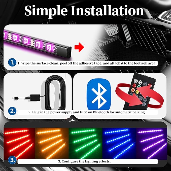 DIBMS Smart Car Interior LED Strip Light Kit with APP Remote Control, RGB Music Sync Color Changing DIY Mode USB Port for Under Dash DC 12V Vehicle Decorations