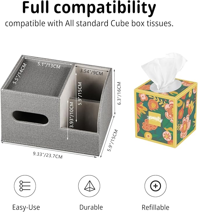 Leather Square Tissue Box Cover with Storage Tray,Cube Tissue Box Holder,Modern Facial Paper Organizer with Remote Control Holder for Bathroom,Vanity Countertop,End Table NightStand Home Office.Grey