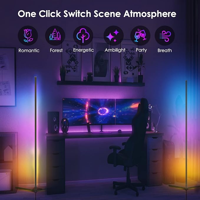 RGB Corner Floor Lamp, Easter Floor Lamp RGBIC Color Changing Corner Lamp LED Modern Floor Lights with Bluetooth APP and Remote Control Music Sync, 65" RGB Mood Lighting 24H Timing 398+ DIY Modes
