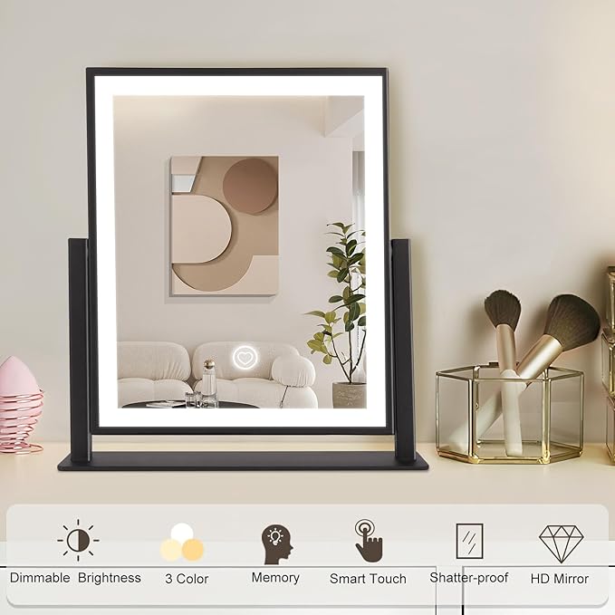 Beelux Vanity Mirror with Lights,15.3" Makeup Mirror with Light Smart Touch Control Dimmable 3 Modes Lighted LED Mirror 360°Rotation Black for Christmas Birthday Thanksgiving Mother's Day