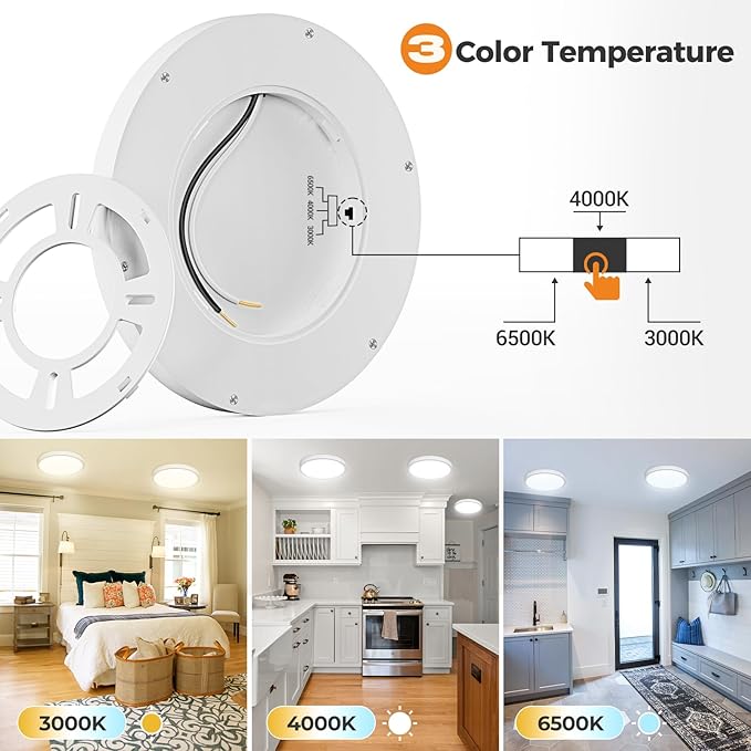 slochi 3Pack LED Flush Mount Ceiling Light Fixture, 9 Inch Light Fixture, 3000K-4000K-6500K Round Flat Bedroom Lights, Closet Round Surface for Bathroom Laundry Bedroom Hallway