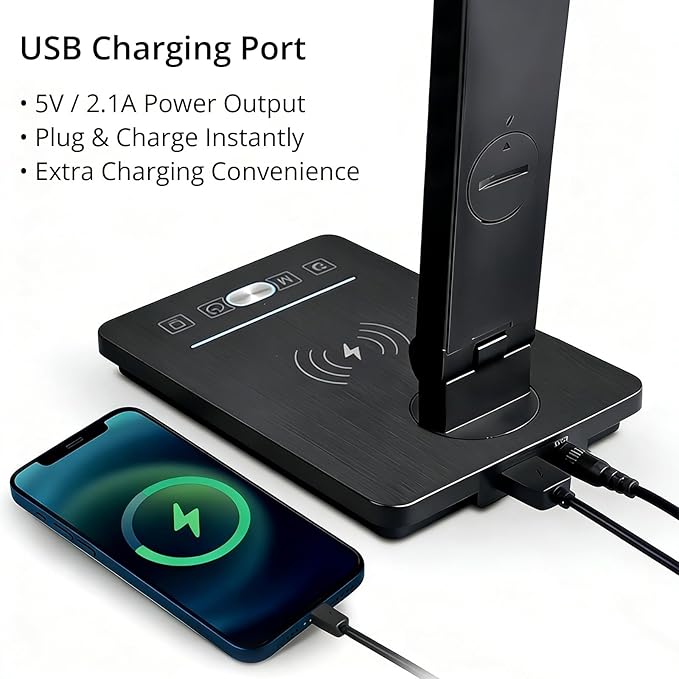Desk Lamp with Wireless Charger, USB Charging Port, Smart Display Clock, Adjustable Brightness and Color Temperature, Touch Control Desk Light for Office and Bedroom