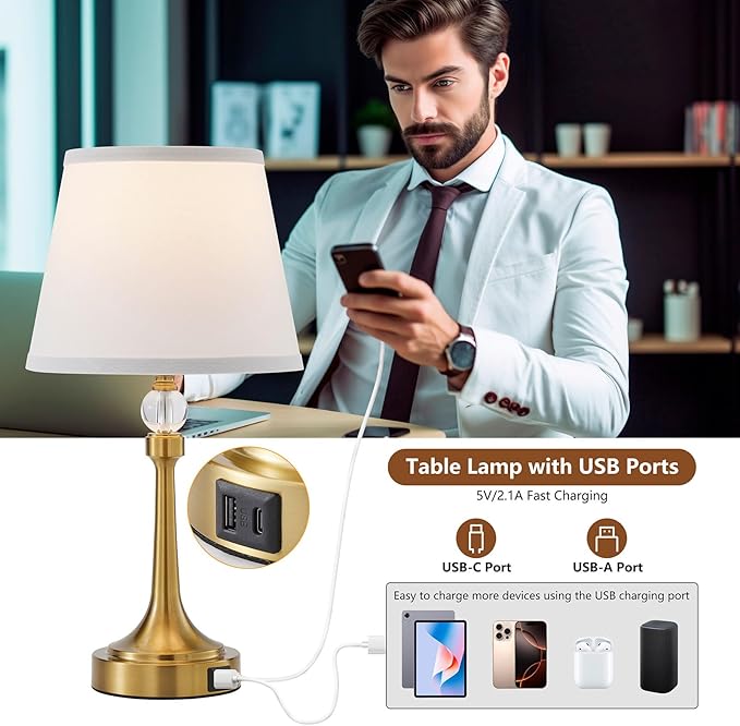 19.7'' Touch Table Lamps for Living Room, Small Lamp for Bedroom with USB C+A Ports, Dimmable Touch Lamps Set of 2, Reading Desk Lamp for Office, Metal Bedside Lamps, Bulbs Included, Gold