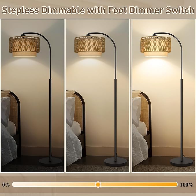 Rattan Floor Lamp, Dimmable Boho Floor Lamp, Farmhouse Arc Standing Lamp with Adjustable Rattan & Fabric Shades, Modern Lamp Tall Lamp for Living Room Bedroom Office Reading Room, Bulb Included