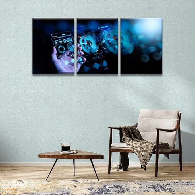 Multi Panel Large Wall Art Wireless Mobile Internet Technology 5G LTE Data Connection Pictures Print On Canvas for Living Room Decoration, Wooden Framed Ready to Hang, 12x16inchx3