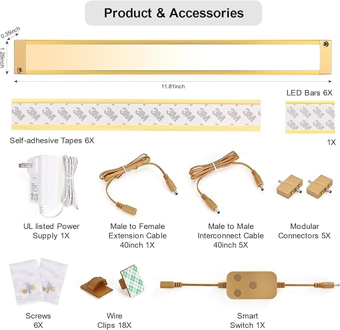 6pack 12inch Dimmable LED Under Cabinet Light Kit, 2700K to 6000K Smart LED Under Counter Lighting Fixture, Compatible with Alexa, Google Assistant, for Kitchen, Pantry, Shelf (Gold)