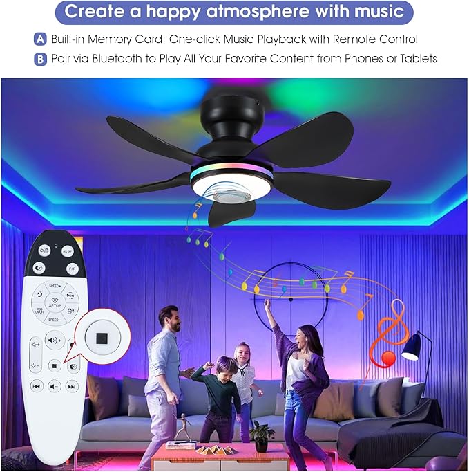 36" Ceiling Fans with RGB Lights Remote/APP Control, Small Ceiling Fan, 3 CCT Dimmable White Lights+RGB Ring Lights+Music Player, 5 Reversible Plastic Blades 6 Speeds for Kidsroom, Black