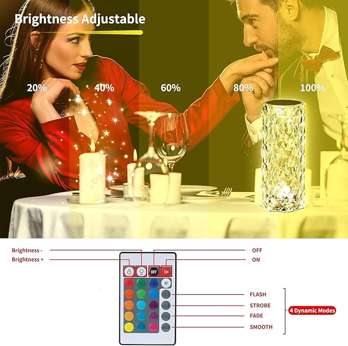 Crystal Table Lamp, Remote and Touch Control Rose Wave Lamp, RGB Color Changing Night Light, Dimmable, USB Rechargeable Decoration Ambient Lighting for Dinner/Bars/Game room/Living Room/Bedroom