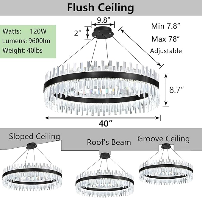 Glam Crystal Chandelier Large Ring Chandeliers with Remote Dimmable LED Light Adjustable Hanging Lights Luxury Ceiling Pendant Lighting Fixtures for Living Dining Bedroom Foyer Black Light