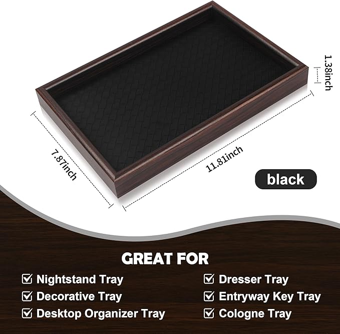 Zosenley Wooden Valet Tray with Leather Base - Nightstand Catchall Organizer for Cologne, Perfume, Keys, Wallet, Phone, Watch, Jewelry & Sunglasses (2Pcs Black)