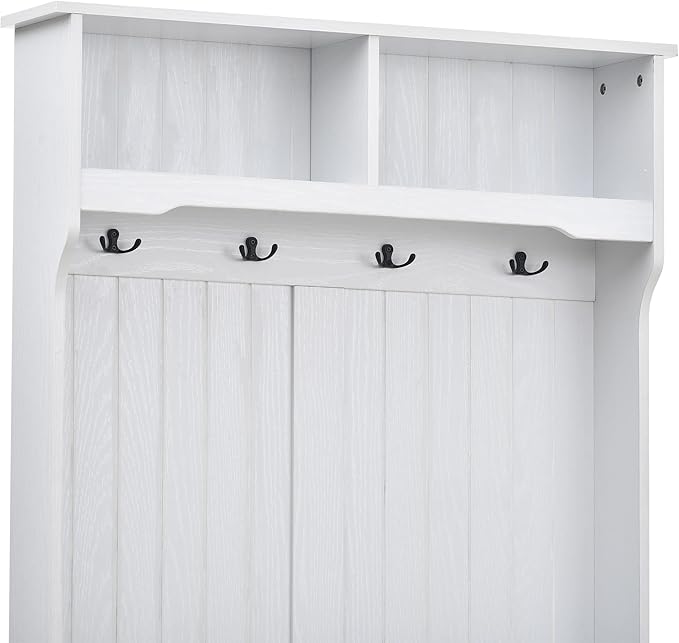 Hall Tree with Shoes Bench, Entryway Coat Rack with Storage Shelves and Drawers, 33.5''W Coat Hanger for Entrance, Hallway (White)