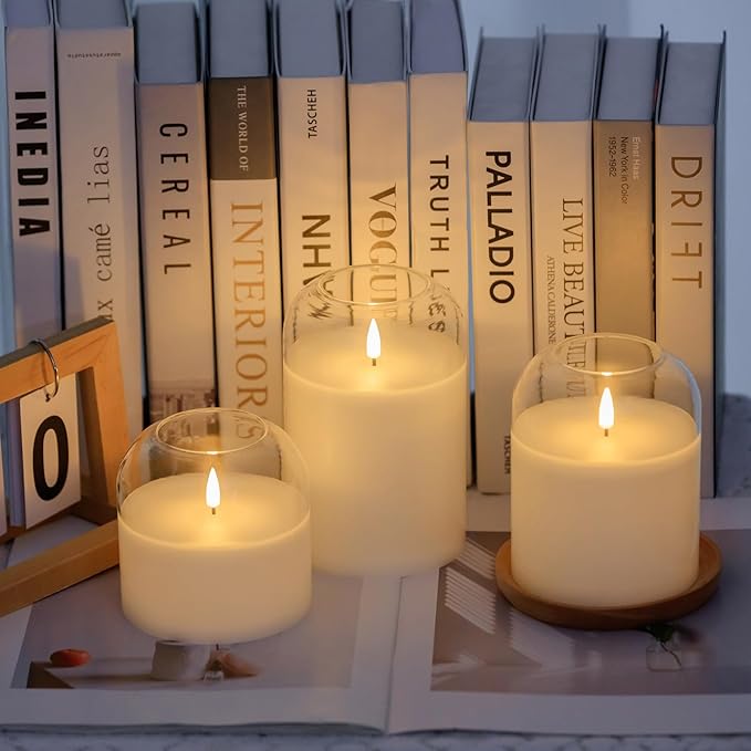 White Glass Flameless Candles Set of 3 (Φ 4" H 4" 5" 6") with Remote Battery Operated Flickering LED Pillar Candles Real Wax 3D Wick