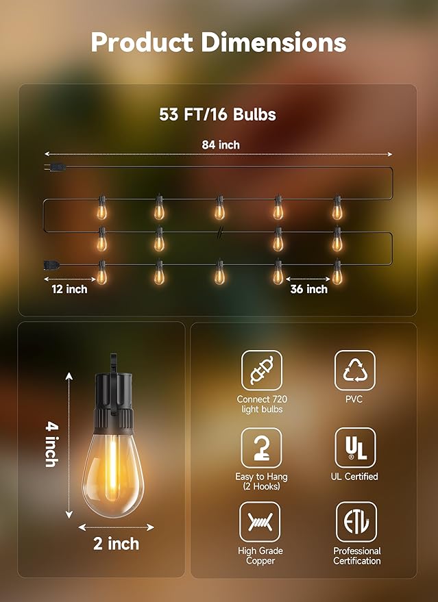 Minetom 53FT Outdoor String LED Patio Lights Waterproof, 16 Shatterproof S14 Vintage Edison Bulbs,Commercial Grade Outside Hanging Lights Waterproof for Porch Deck Garden Backyard Balcony Cafe Bistro