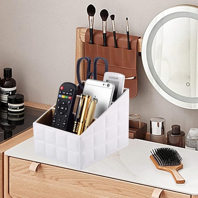 Fashionable PU Leather TV Remote Control Holder with 3 Compartments,Multifunction Desktop Organizer Holder, Media Accessory Storage & Organize Controllers (white)…