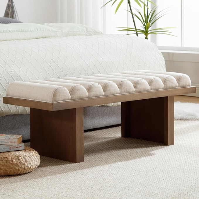 Modern Bedroom Bench, 47 Inch Upholstered End of Bed Bench Padded Entryway Bench with Cylindrical Cushion/Natural Wood Legs, Wooden Ottoman Bench for Living Room, Hallway, Linen Beige