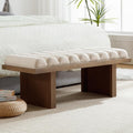 Modern Bedroom Bench, 47 Inch Upholstered End of Bed Bench Padded Entryway Bench with Cylindrical Cushion/Natural Wood Legs, Wooden Ottoman Bench for Living Room, Hallway, Linen Beige