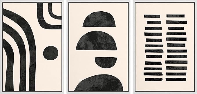 wall26 Framed Wall Art Print Set Black and Tan Semi Circles and Lines Geometric Shapes Digital Art Modern Art Mid-Century Modern Relax/Calm for Living Room, Bedroom, Office - 16"x24"x3 White