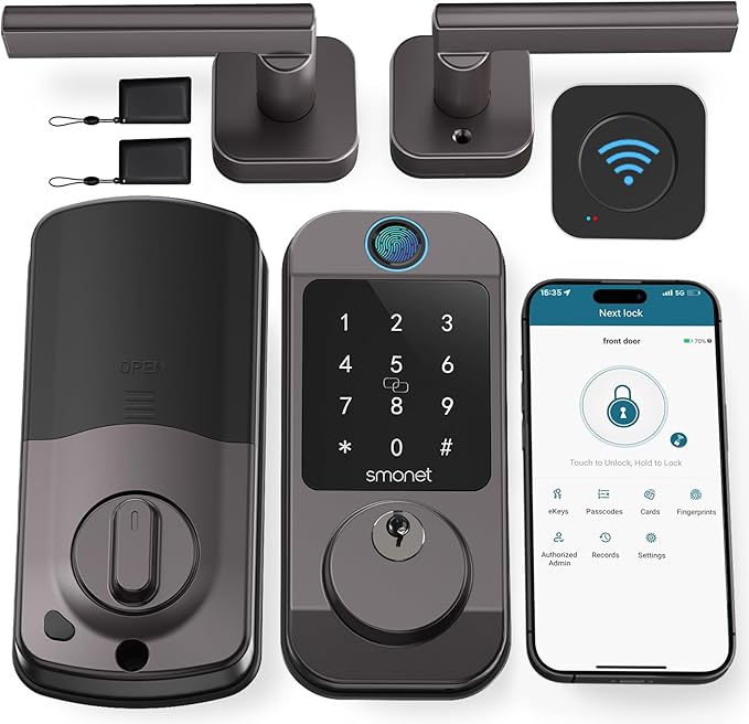 SMONET WiFi Keyless Door Lock with Handle Set – Fingerprint Smart Lock, Bluetooth Keypad Deadbolt, Remote Control via App & Alexa, Auto Lock, Code & Fob for Home Security, Gray