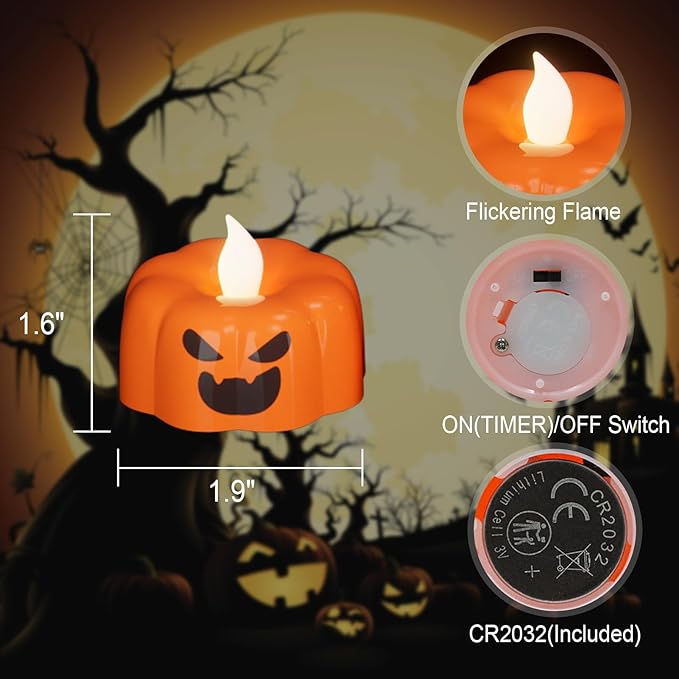 DRomance Halloween Pumpkin Lights Flameless Candles Battery Operated with Timer, 200 Hours Lasting LED Flickering Votive Tealight Candles Spooky Face Halloween Decorations Indoor(6 Pack, 1.9" x 1.6")