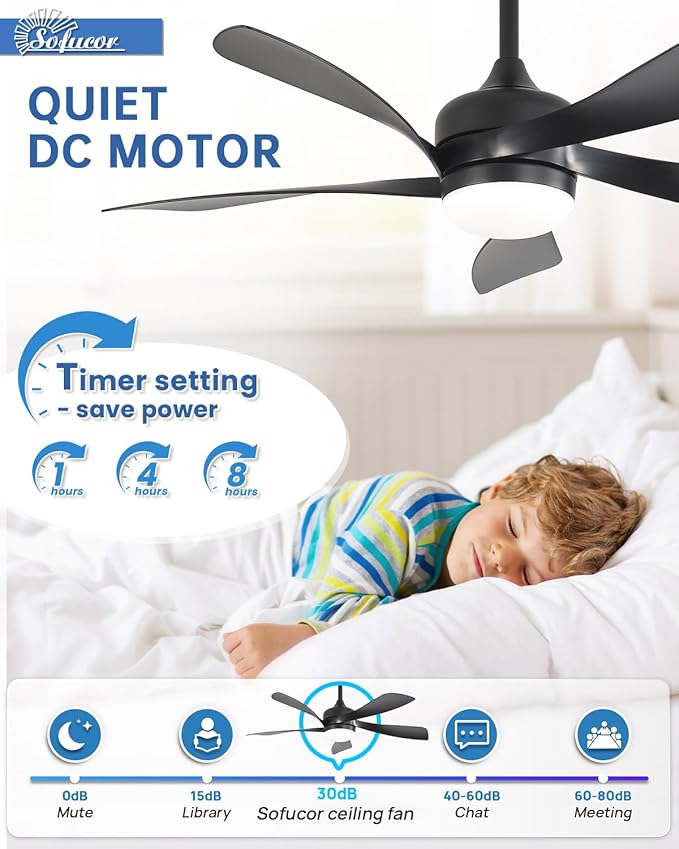 Sofucor 45 Inch Ceiling Fan with Lights and Remote, Indoor/Outdoor Ceiling Fan with Light 6-Speed 3 CCT 3-Timer, Low Profile Black Ceiling Fan 5 Blade Quiet DC Motor for Bedroom Living Room Patio