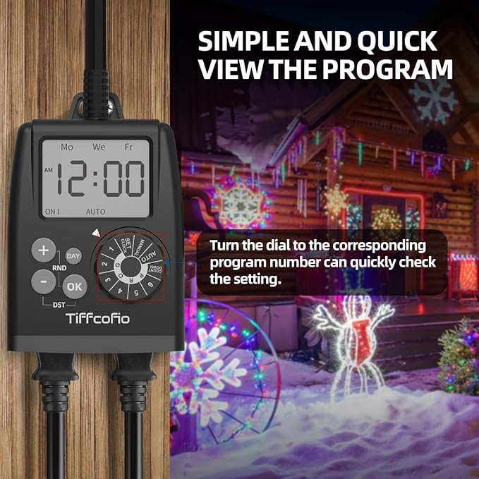 TiFFCOFiO Digital Outdoor Timer Outlet, Dial Programmable Method, Outdoor Light Timer Waterproof, 2 Grounded Electrical Outlets for Pool Pump, 6 Sets of Programs, 15A/1875W (1 Pack)
