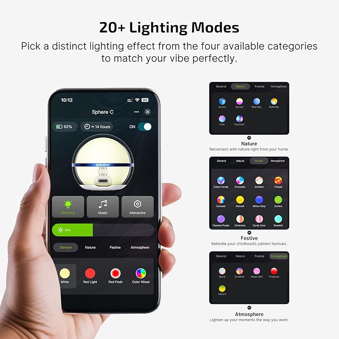 OLIGHT Sphere C 2-Pack Smart Night Light, USB-C Rechargeable, 75 Lumens Stepless Dimming, App Control Ambient Lighting, Portable for Parties, Camping, Reading or Bedrooms (Type-C Cable Excluded)