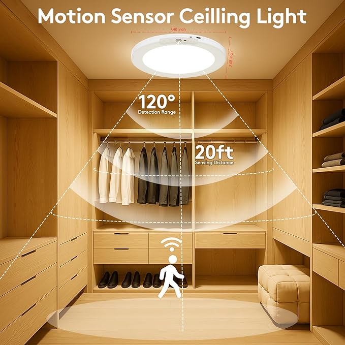 Motion Sensor Closet Light Indoor, Fast Charging Wireless Ceiling Light with Remote, Rechargeable Battery Operated Lights, Shower Light for Cabinet Bathroom Stairs Hallway Pantry 7.48 Inch