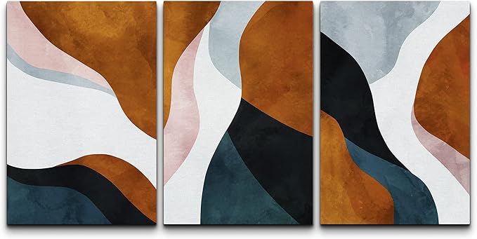 wall26 Wall Art Print Set Wavy Brown, Blue & White Geometric Landscape Patterns Shapes Digital Art Modern Art Boho Scenic Relax/Calm for Living Room, Bedroom, Office - 16"x24" x 3