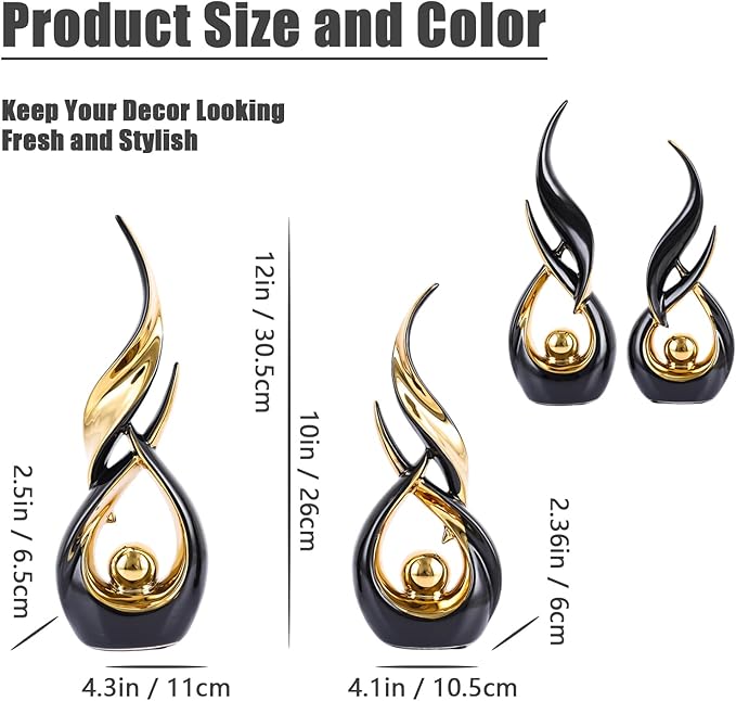 XMGZQ Gold Ceramic Abstract 2 Piece Statue Set,Mid Century Modern Abstract Art Home Decor Statue Mantelpiece on Unique Shelf Decor, TV Cabinet Divider Table top and Dining Table Centerpiece (Black)