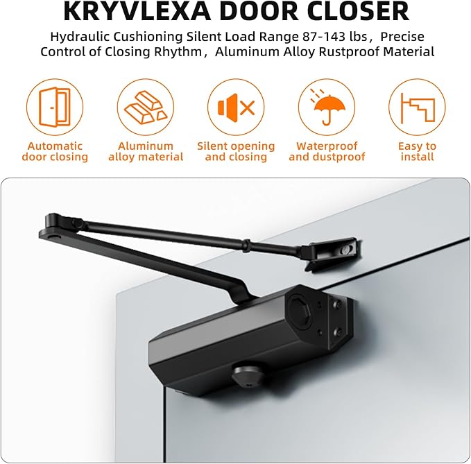 Closer Heavy Duty Automatic Door Closer (Silver Aluminum), Spring Loaded Hydraulic Automatic Door Closer with Adjustable Closing Speed and Force for Interior, Exterior Doors (Black)