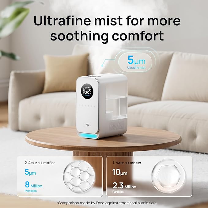 DREO Humidifiers for Bedroom, Top-filled Smart Quiet Cool Mist Humidifier for Large Room, 50 Hours Runtime for Home, Indoor Plants, Oil Diffuser & Nightlight for Baby Nusery, 5L, with Alexa/Google