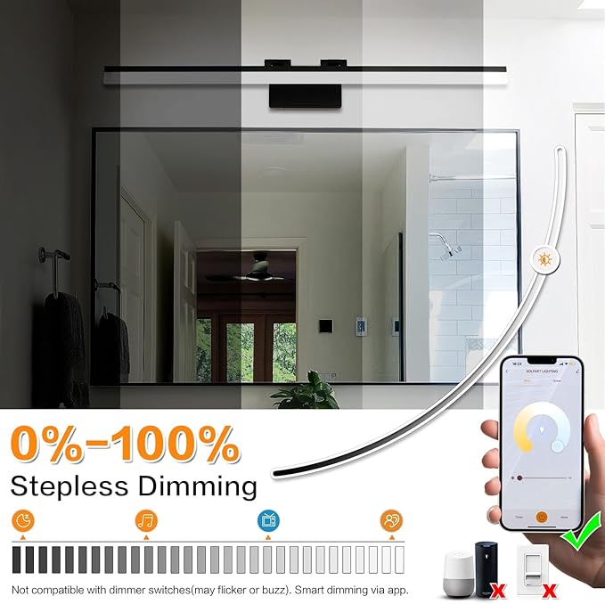 SOLFART Adjustable Color Temperature Dimmable Bathroom Light Fixtures Vanity Light Black LED Bathroom Vanity Light Over Mirror 39.4 Inch APP Control Modern Light