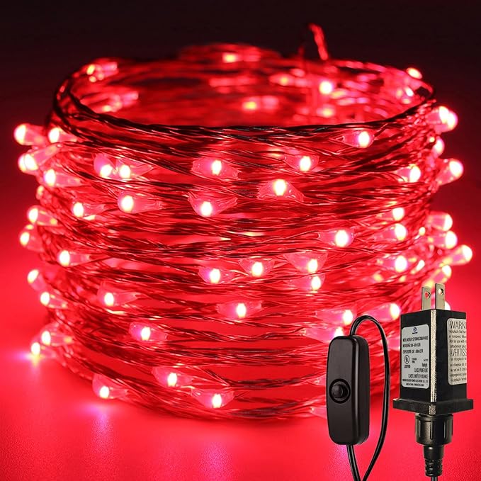 RUICHEN Plug in Fairy Lights with Switch, Waterproof 33 Ft 100 LED Silver Wire Starry String Firefly Lights for Christmas, Mother's Day, Thanksgiving, Parties, Ceiling, Vases, Craft, Red